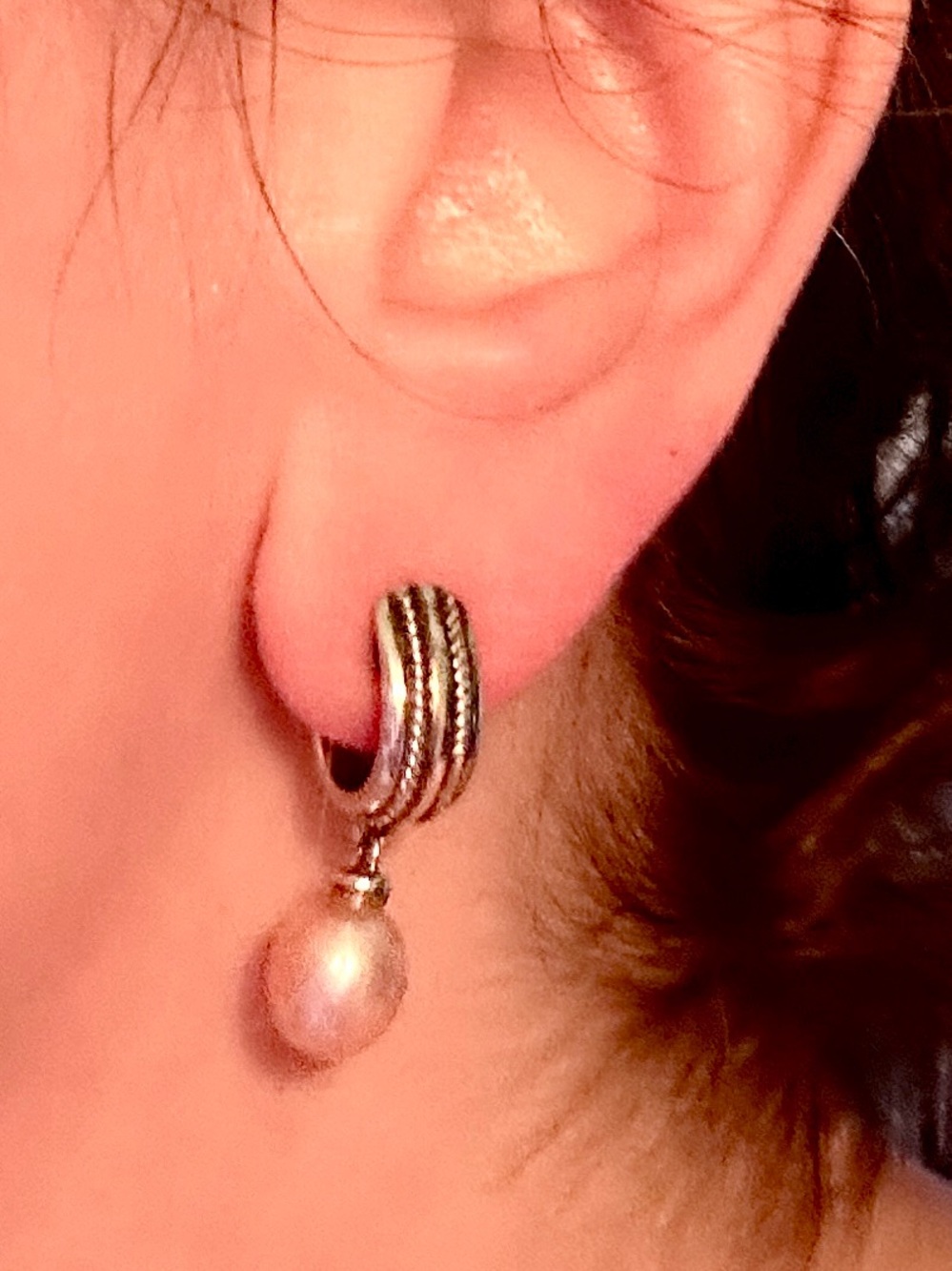 Sterling Silver & Champagne Pink Pearl Drop Earrings - Picture 6 of 6